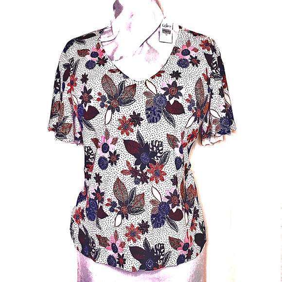 LOFT NEW Flutter Sleeve Floral Botanical Stretch Pullover Sweater VNeck - Picture 4 of 7